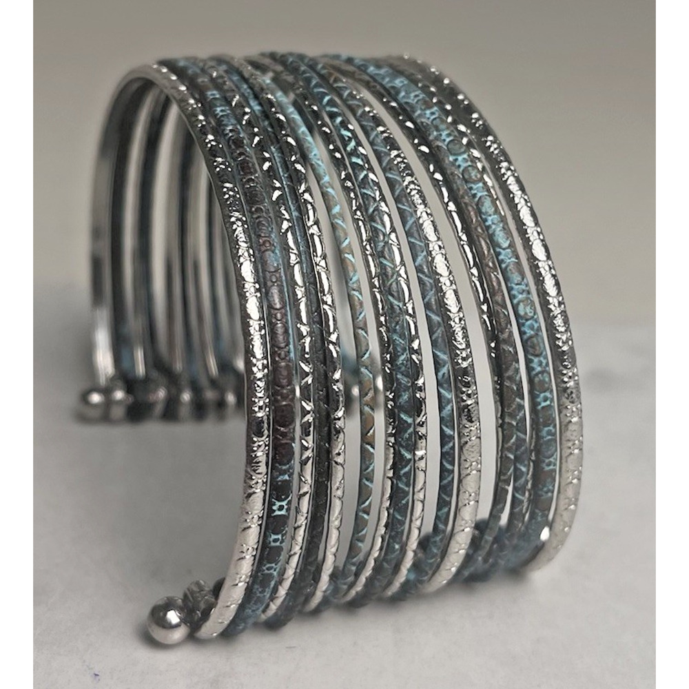 Wide Cuff Multi Strand Silver Tone Blue Bracelet Metal Southwestern Boho Western